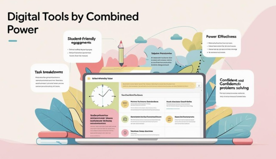 Image of an abstract laptop with vague descriptions of digital tools components. 