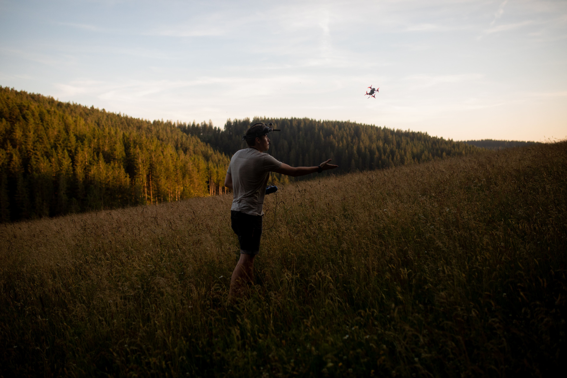 flying a drone in a cornfield