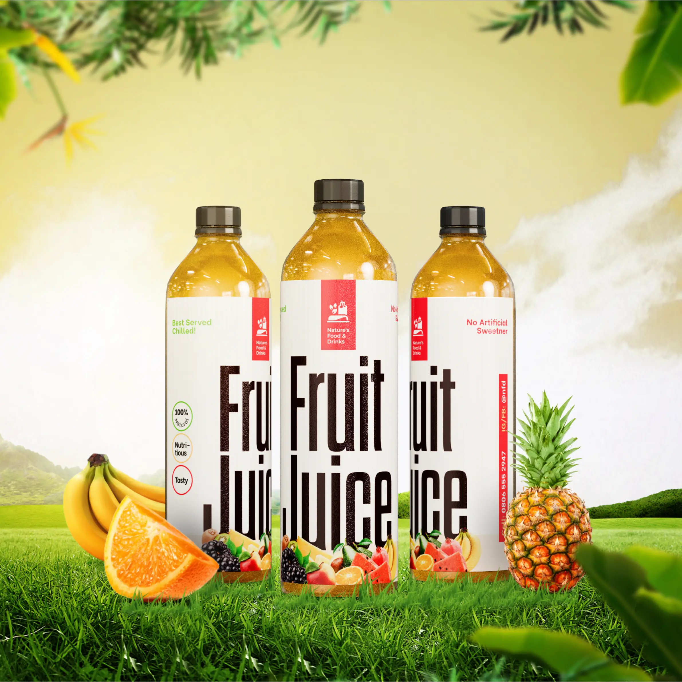 Nature's Food and Drinks Fruitjuice Bottle Packaging and Label Mockup