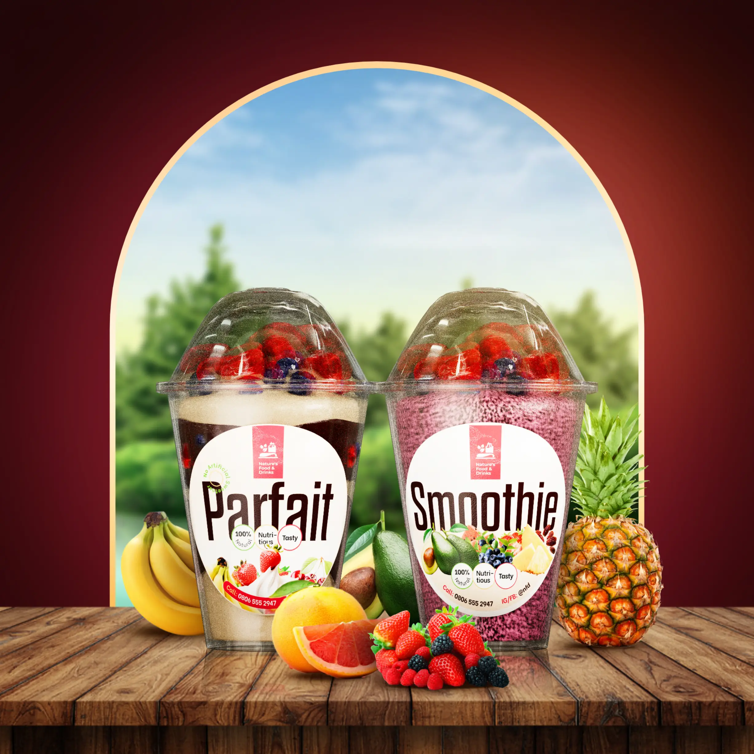 Nature's Food and Drinks Smoothie and Parfait Packaging and Label Mockup