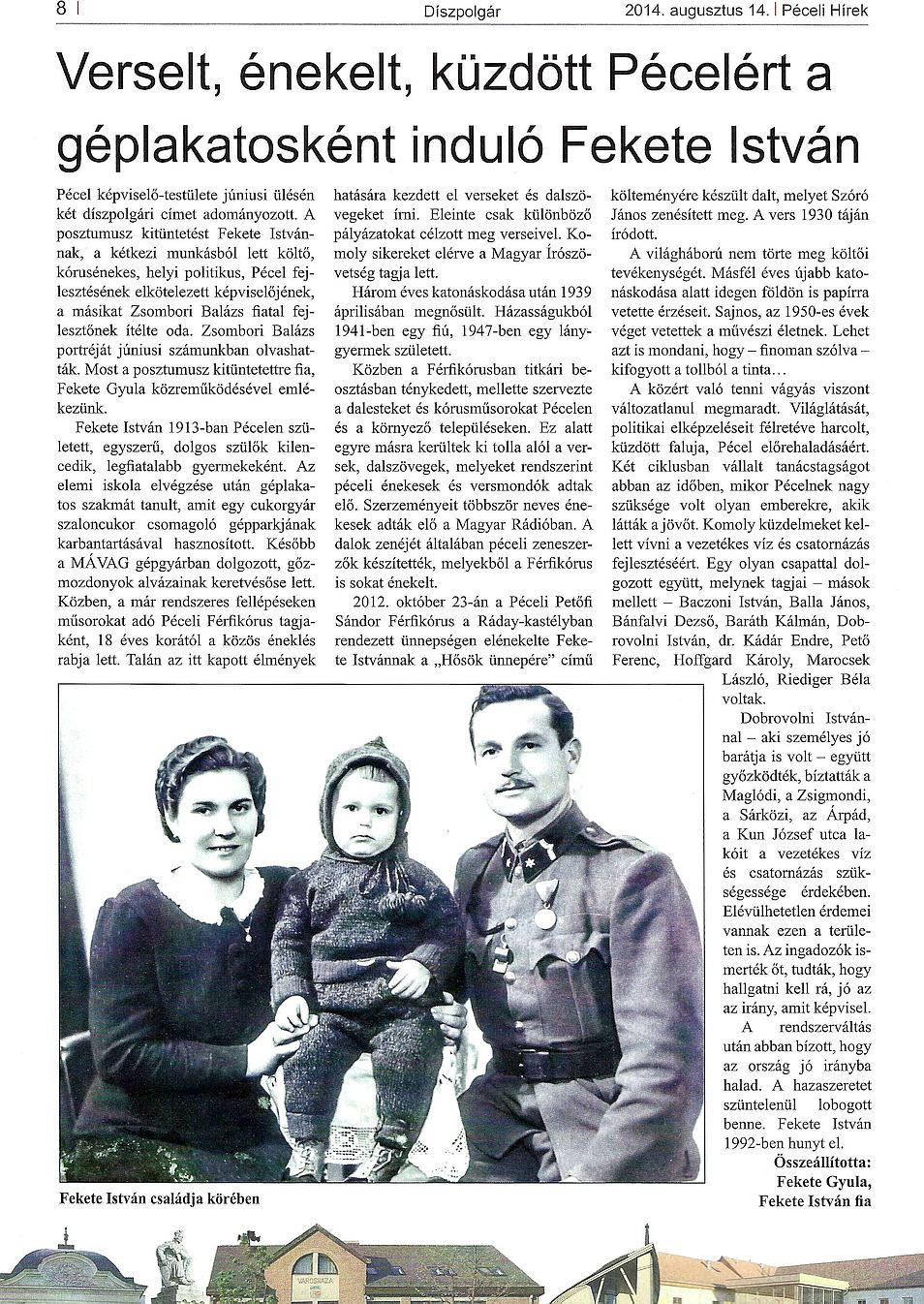 Fekete István, Az Utolsó Gyermek, díszpolgár, Pécel