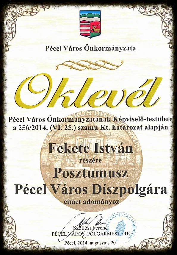 Fekete István, Az Utolsó Gyermek, díszpolgár, Pécel