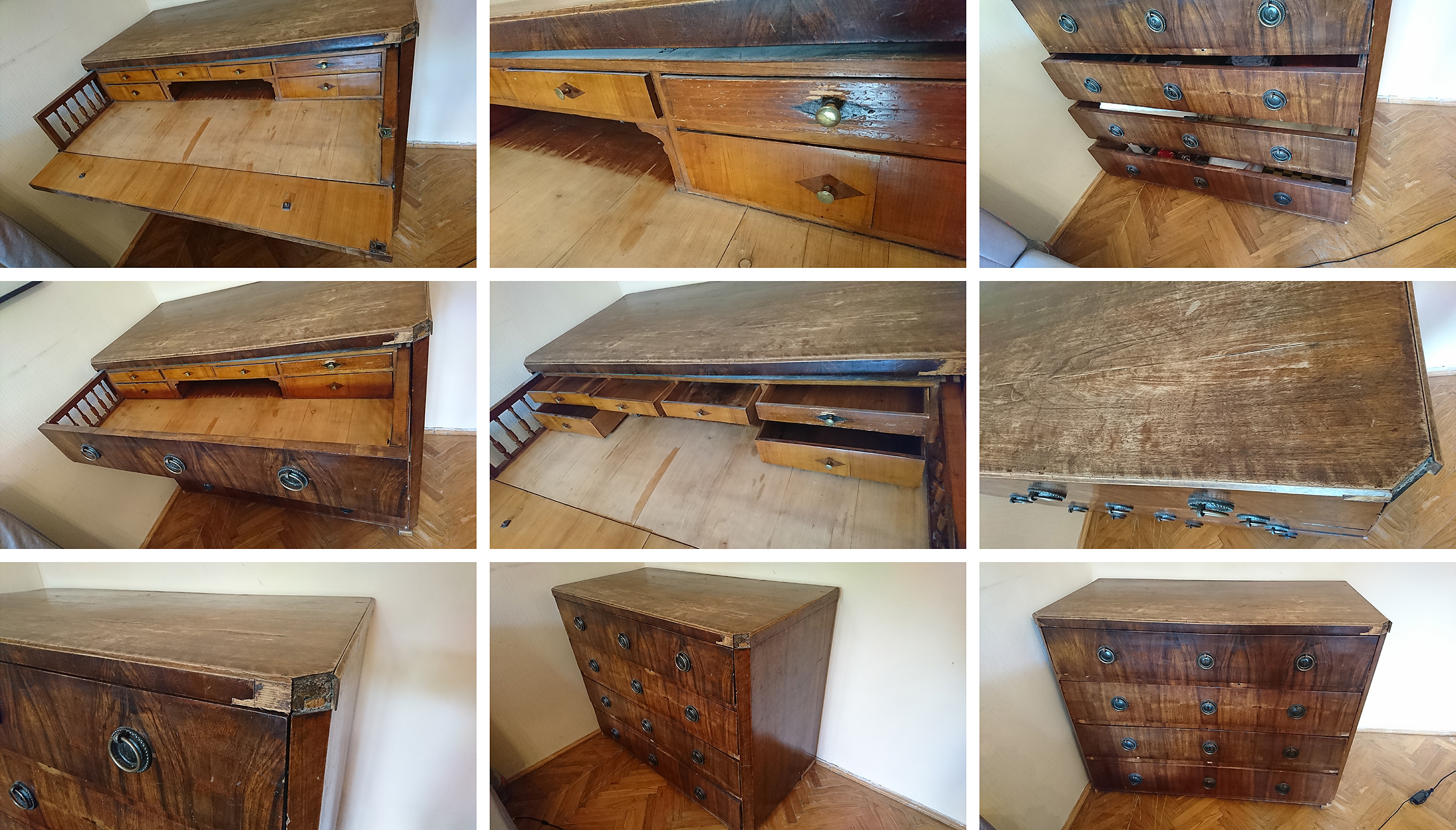 Négyfióko biedermeier írókomód felújítás előtt