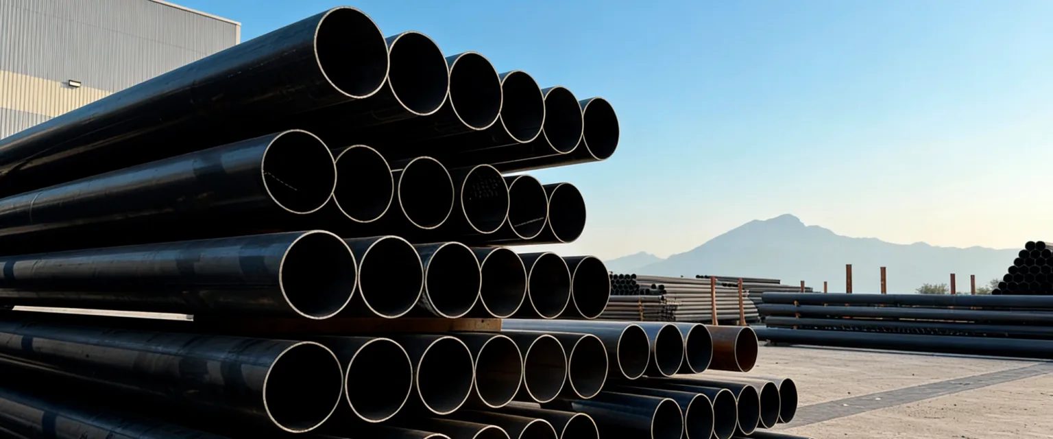 Stacked black ERW steel pipe outdoors