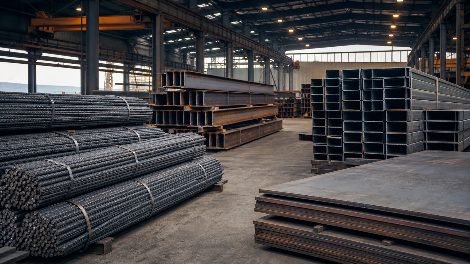 Structural beams stored with other long products