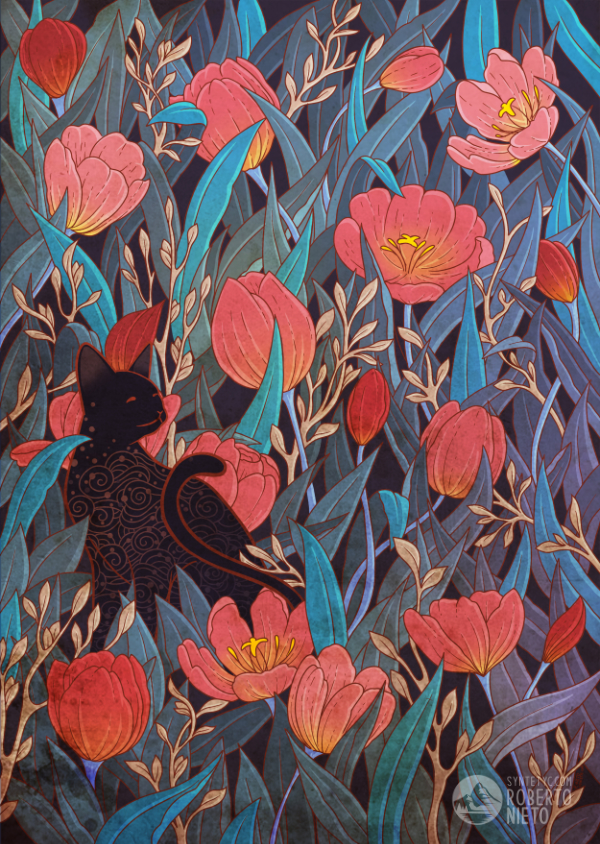 Black cat and tulips - Syntetyc