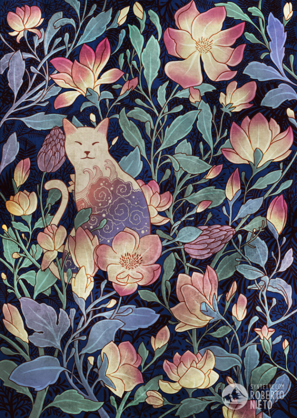 Cat and magnolia - Syntetyc