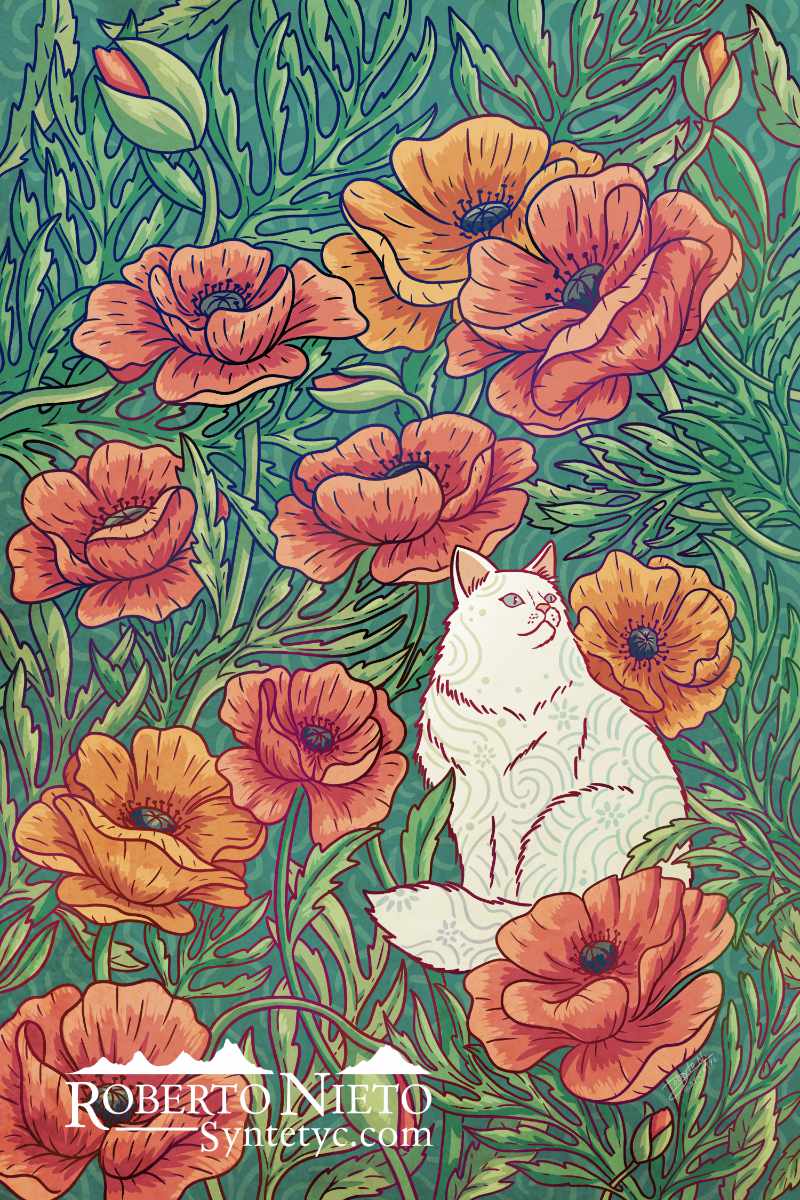 Cat and poppies