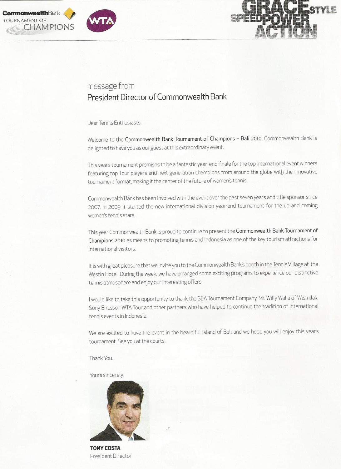 Message from Tony  Costa - President Director of Commonwealth Bank