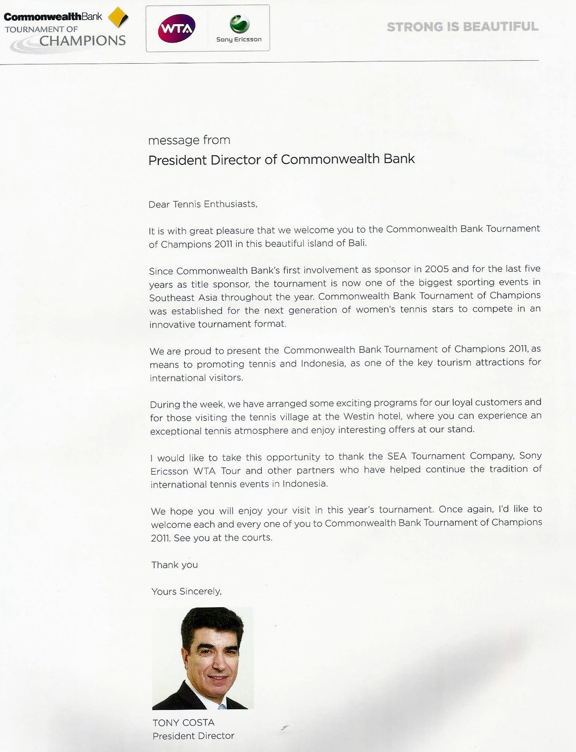 Message from Tony  Costa - President Director of Commonwealth Bank