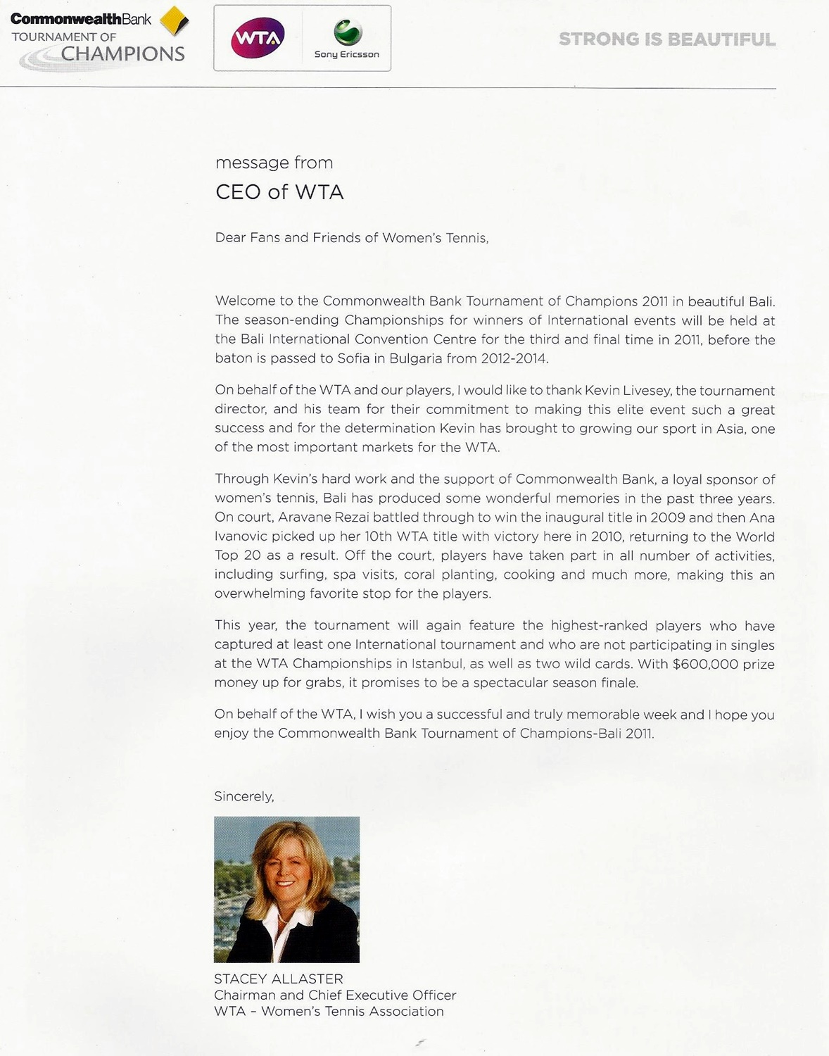 Message from Stacey Allastar - Chairman and CEO of WTA Tour