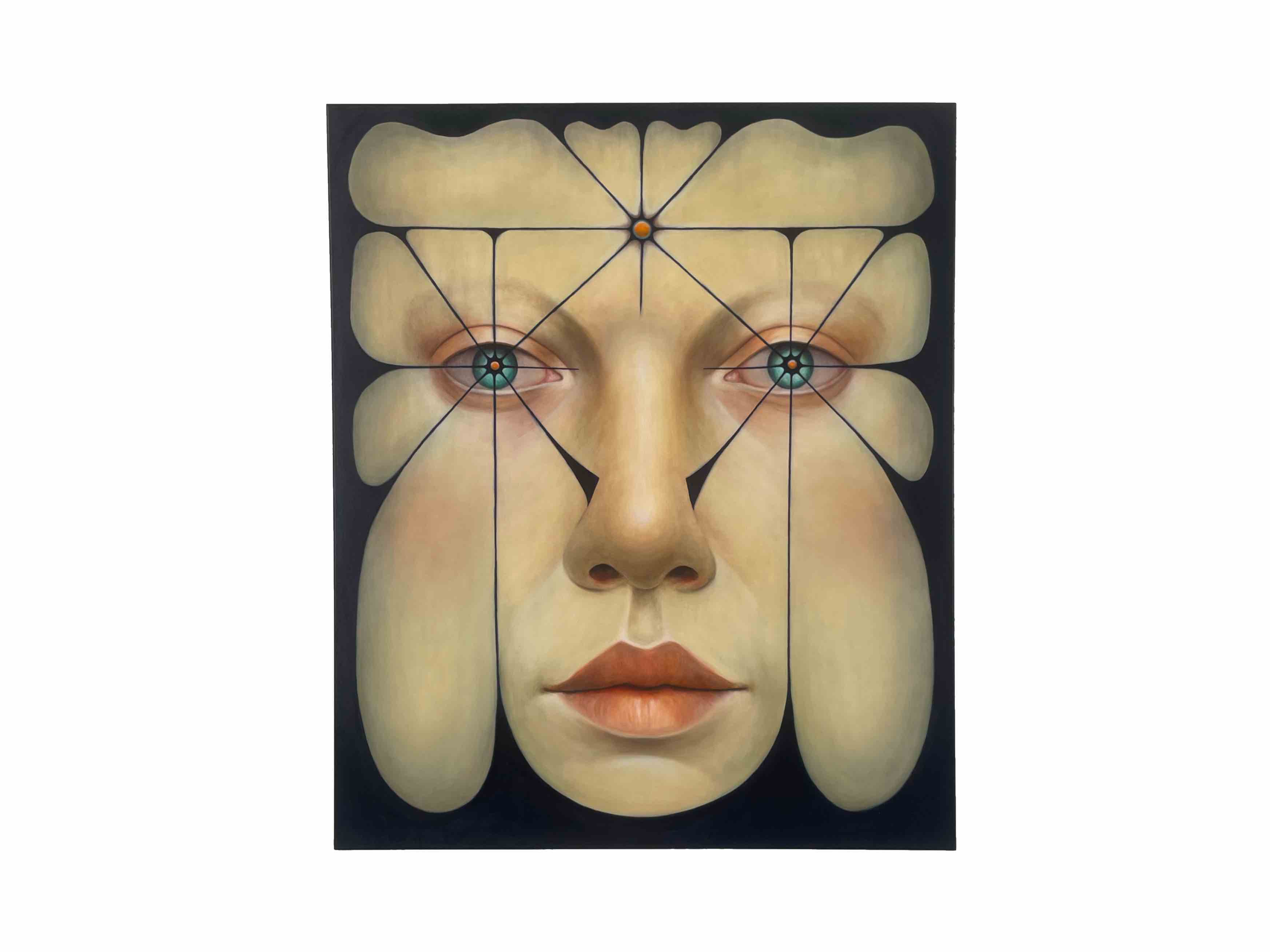 Portät einer Frau mit geometrischen, organischen Mustern, Fokus auf den Augen, Ölmalerei, Surreal