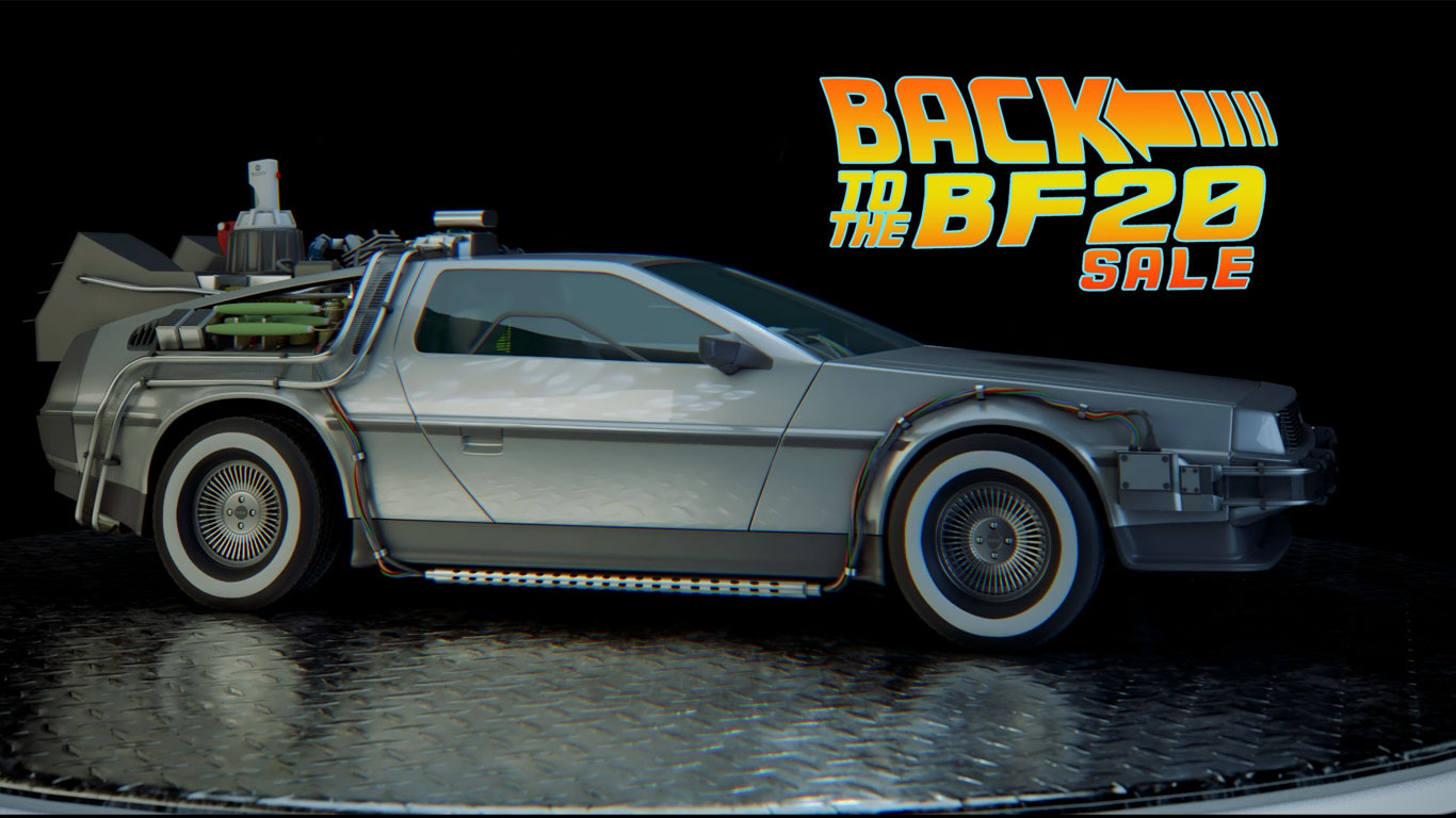 Custom 3D animation of the iconic DeLorean time machine from Back to the Future, featuring detailed CGI modeling, realistic rendering, and promotional graphics for the BF20 Sale, created by Digital Hyper Studios.