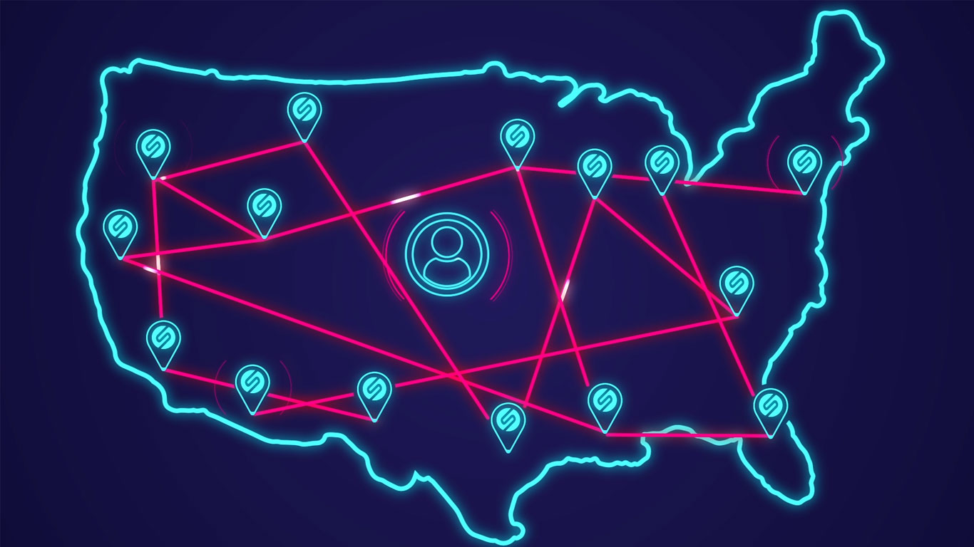 Neon blue outline of the United States with glowing pink connection lines linking locations nationwide, representing Digital Hyper Studios' creative network and nationwide services.