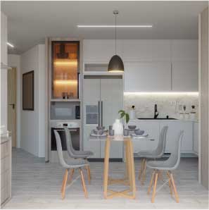 Área de Coworking y Kitchen Place en edificio cosmopolita Luciê, ideal para inversión en suites y Apartstudios.