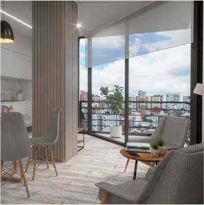 Área de Coworking y Kitchen Place en edificio cosmopolita Luciê, ideal para inversión en suites y Apartstudios.