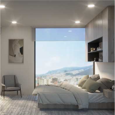 Piscina infinita con vista panorámica en edificio Luciê, sector La Coruña, amenidades exclusivas en Quito.