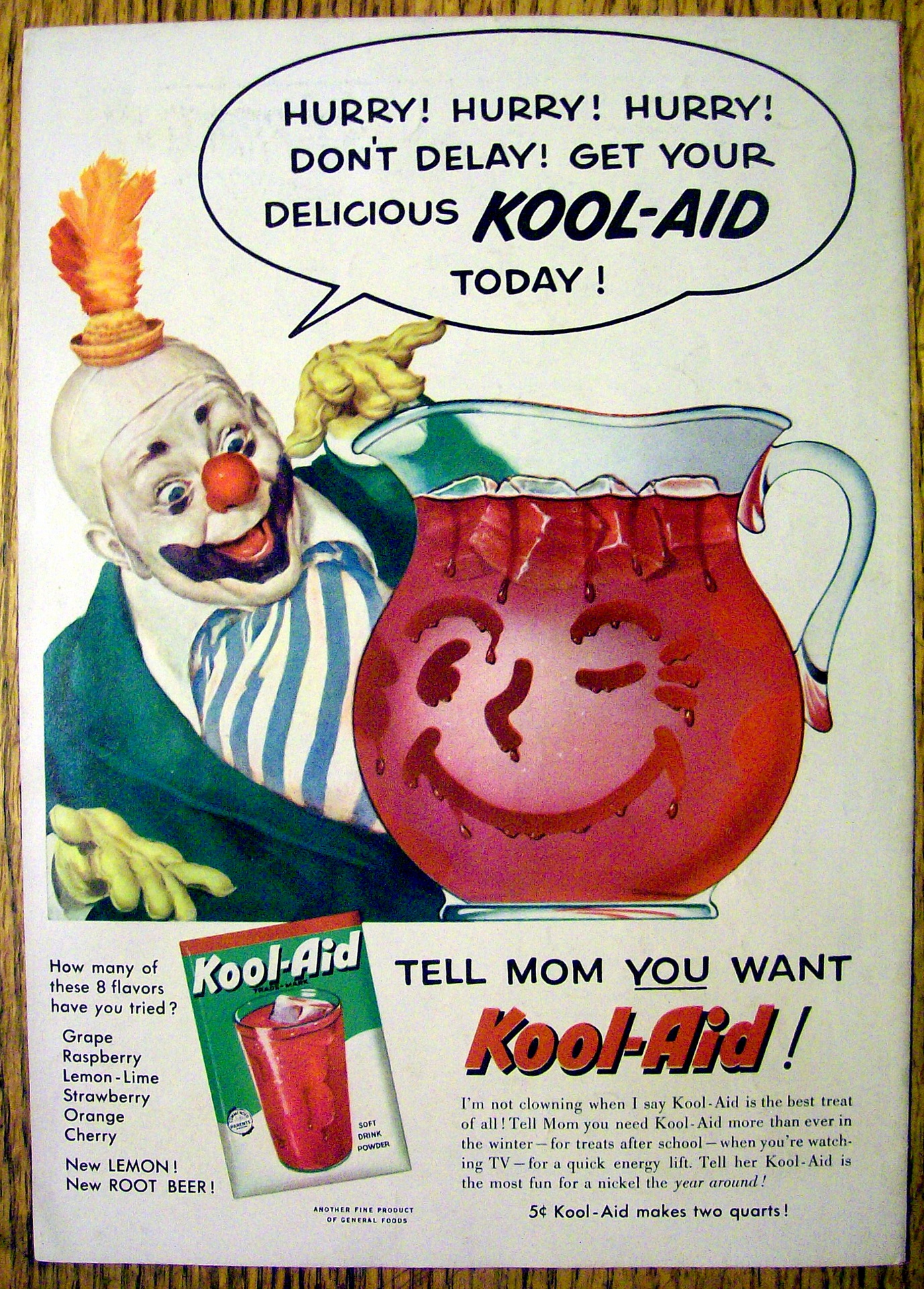 A vintage newspaper advertisement for Kool-Aid, likely illustrated by John C Howard, showcasing the iconic drink in a visually appealing manner.