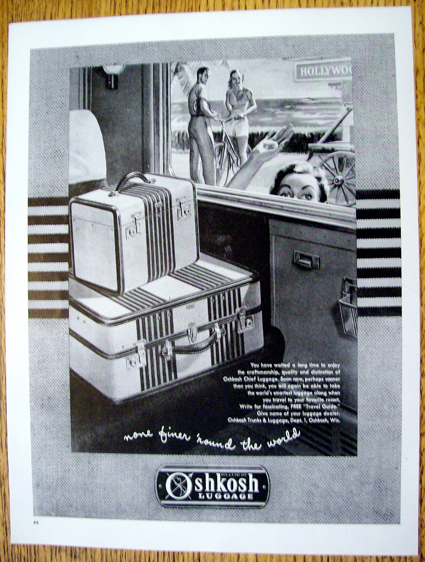 An image of a vintage 1951 Oshkosh ad showcasing travel luggage. The ad is illustrated by John C Howard.