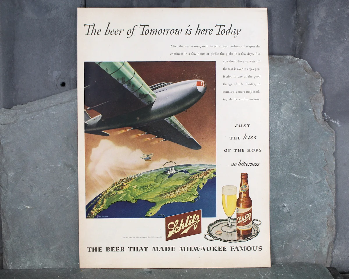 A visually appealing vintage advertisement by John C Howard, featuring  Schlitz Beer and an aircrasft flying over Milwaukee.