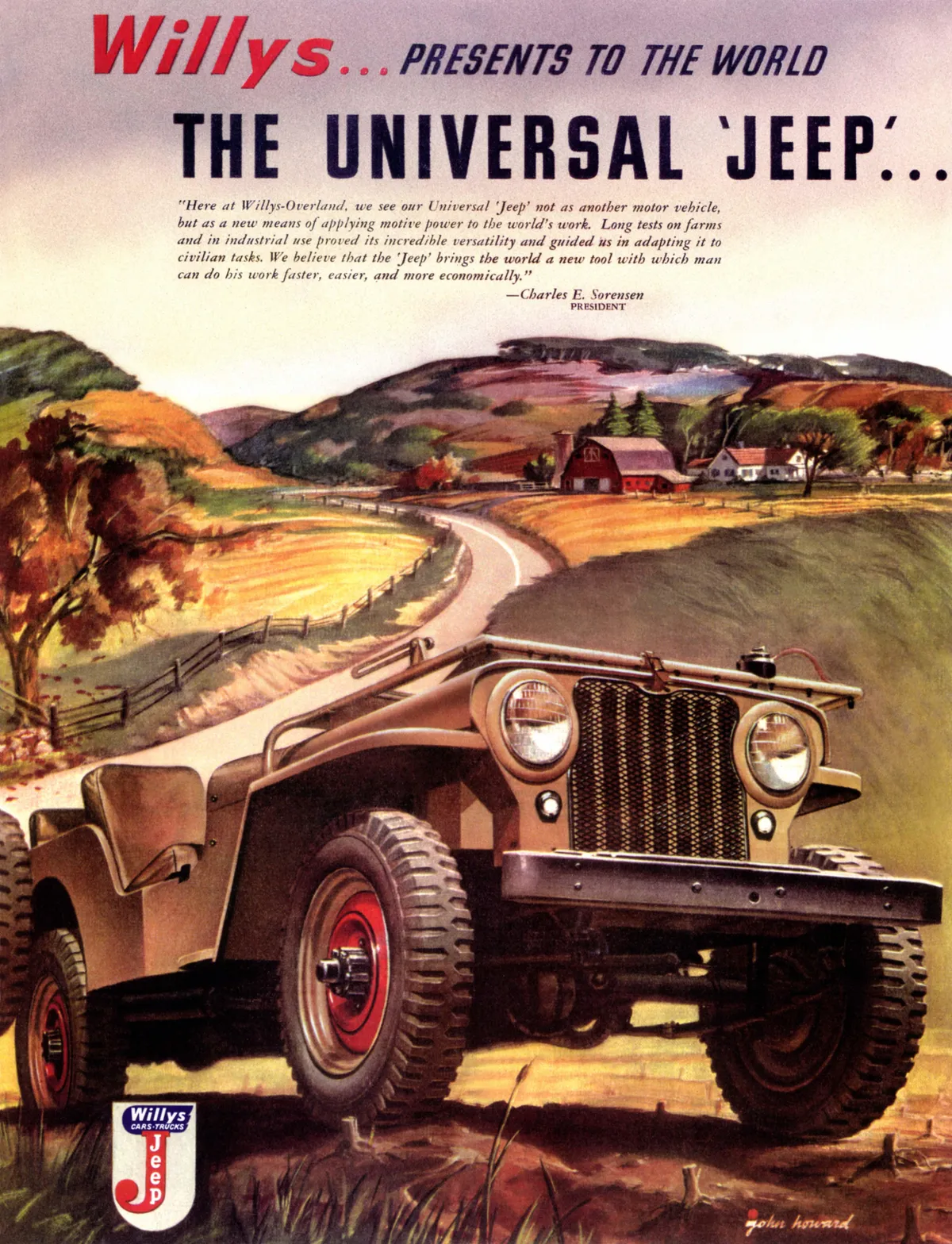  Vintage advertisement for Willys Jeep, illustrated by John C Howard.