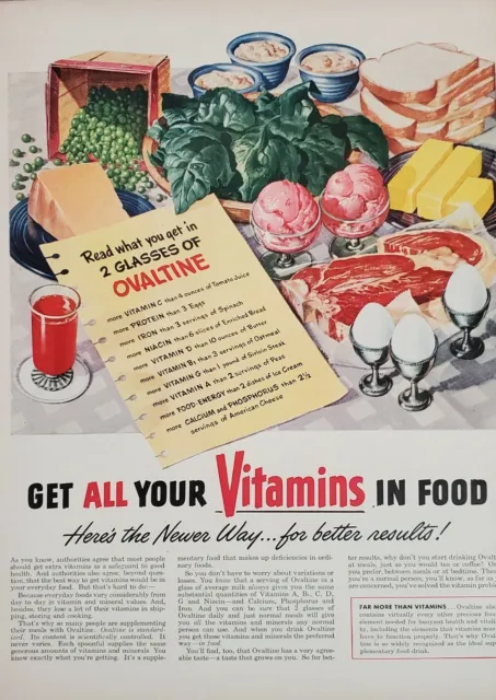 A vintage ad by John C Howard showcasing a Ovaltine drink with a diverse range of foods.