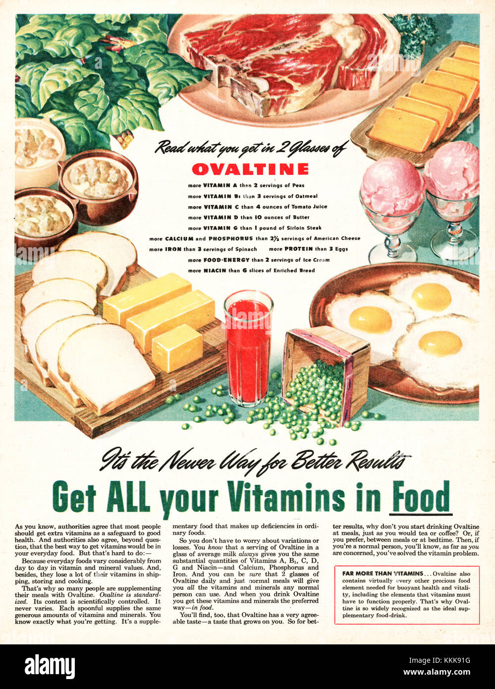 A vintage ad by John C Howard showcasing a Ovaltine drink with a diverse range of foods.