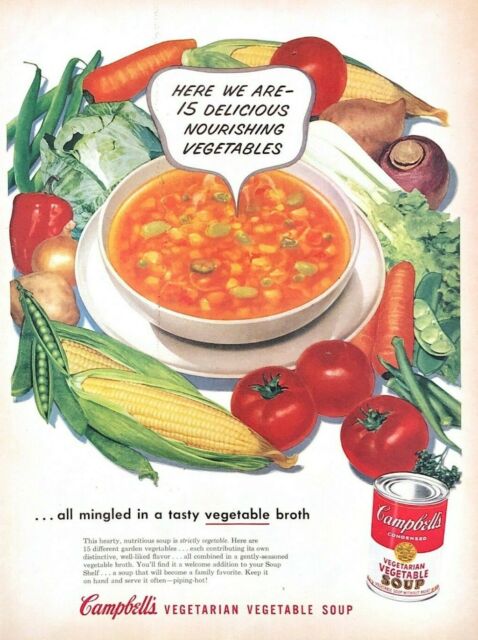 Vintage Campbell&apos;s Vegetable Soup Ad from 1950, featuring an illustration likely by John C Howard.