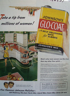 A vintage ad for Johnson&apos;s Glo Coat, likely illustrated by John C Howard, showcasing the product&apos;s appeal and charm.