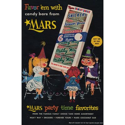 Illustrated vintage advertisement for Mars candy bars likely by John C Howard.
