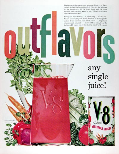 A vintage ad by John C Howard for V8 juice, surpassing all other juice drink ads in flavor, from 1958