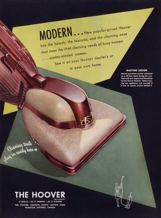 Vintage Hoover vacuum cleaner advertisement from the 1950s, beautifully illustrated by John C Howard.