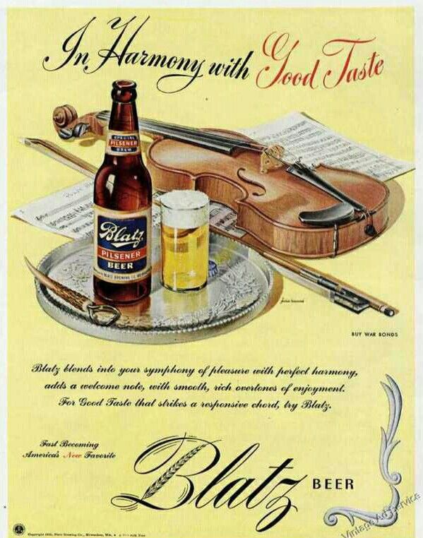 Classic Blatz beer ad featuring violin, illustrated by John C Howard.