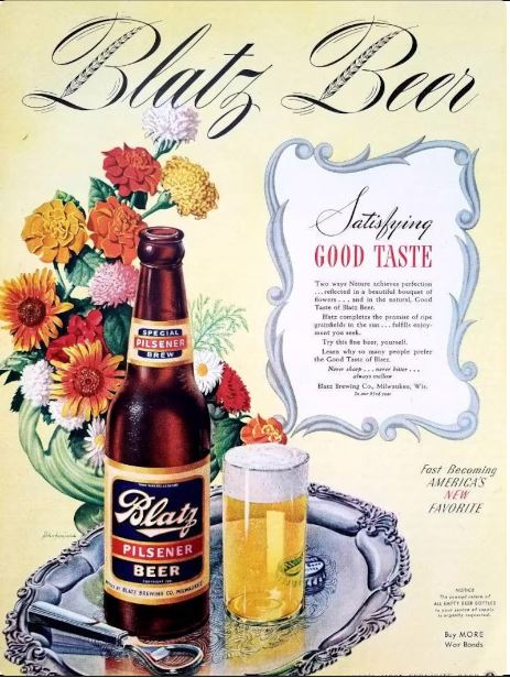 A visually appealing vintage advertisement by John C Howard, featuring a glass of beer and colorful flowers, enticing viewers to indulge in the renowned Blatz Beer.