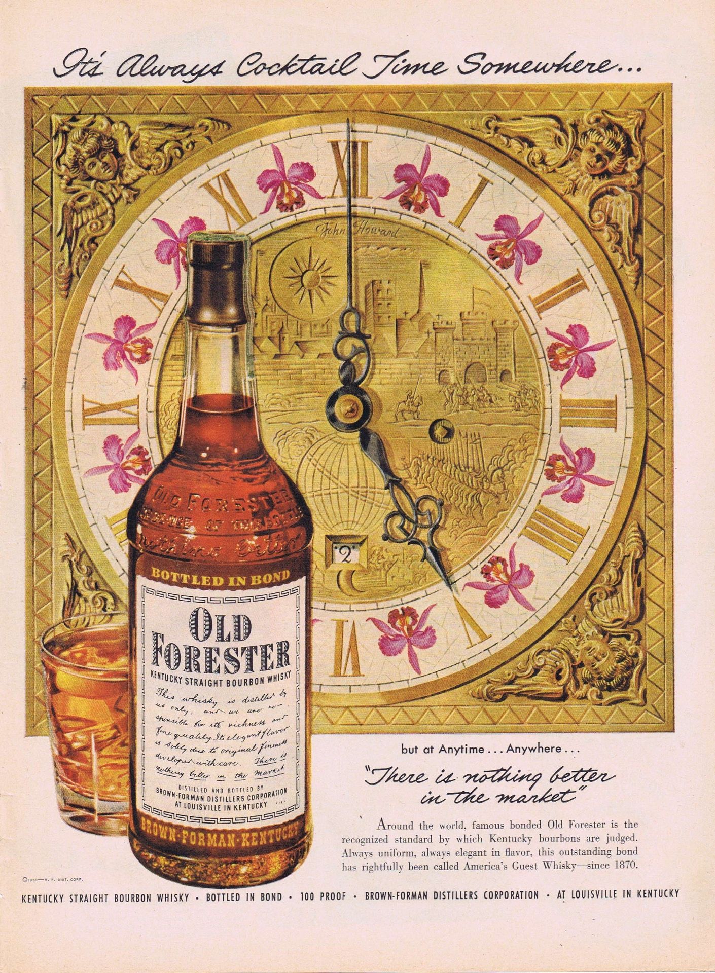 Vintage ad for Old Forester Bourbon Whiskey, May 1945, illustrated by John C Howard.