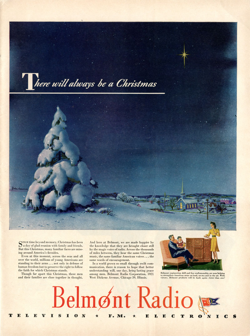 A vintage Christmas advertisement for Belmont Radio, illustrated by John C Howard.