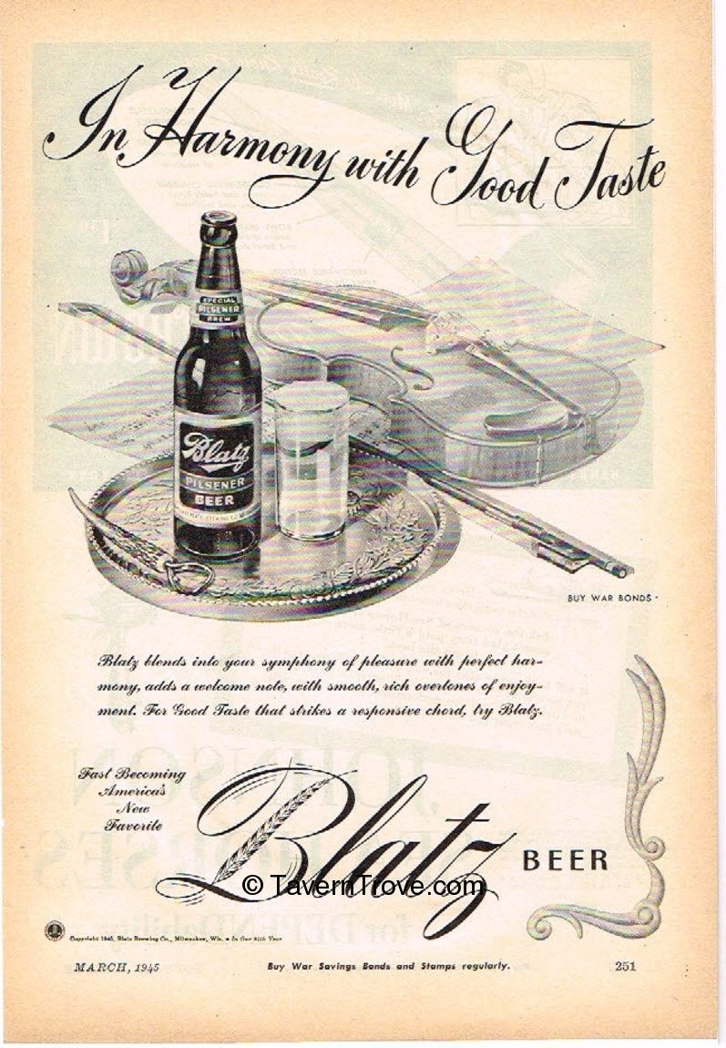 Classic Blatz beer ad featuring violin, illustrated by John C Howard. Black and white version.