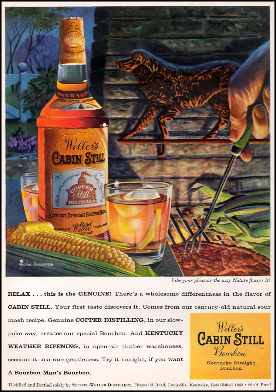 A vintage advertisement by John C Howard for Wellers Cabin Still Whiskey, depicting a dog sculpture and a corn on the cob.