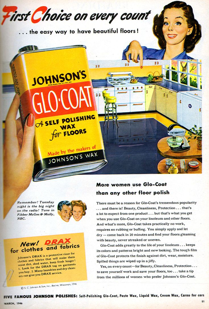 A vintage ad for Johnson&apos;s Glo Coat, likely illustrated by John C Howard, showcasing the product&apos;s appeal and charm.