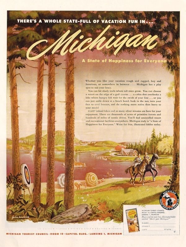 A vintage travel guide for Michigan in 1940, featuring an illustration by John C Howard.