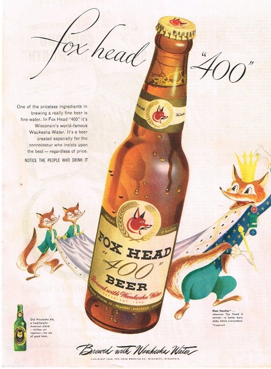 Vintage Fox Head Beer ad likely illustrated by John C Howard, featuring &apos;Fox Head Beer&apos;.