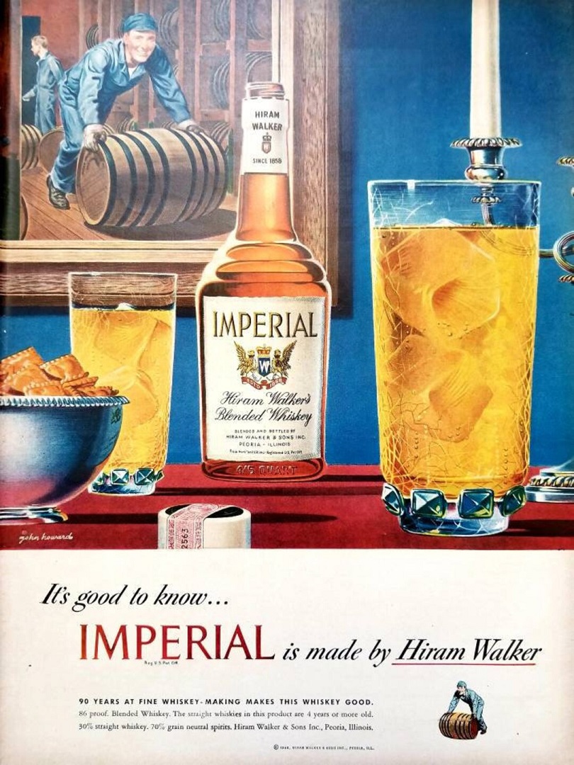 Vintage Imperial Whiskey ad: Glasses and a bottle depicted in an illustration by John C Howard.