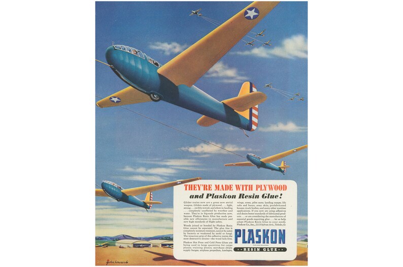 Vintage ad for Plaskon plane flying over an airport, illustrated by John C Howard.