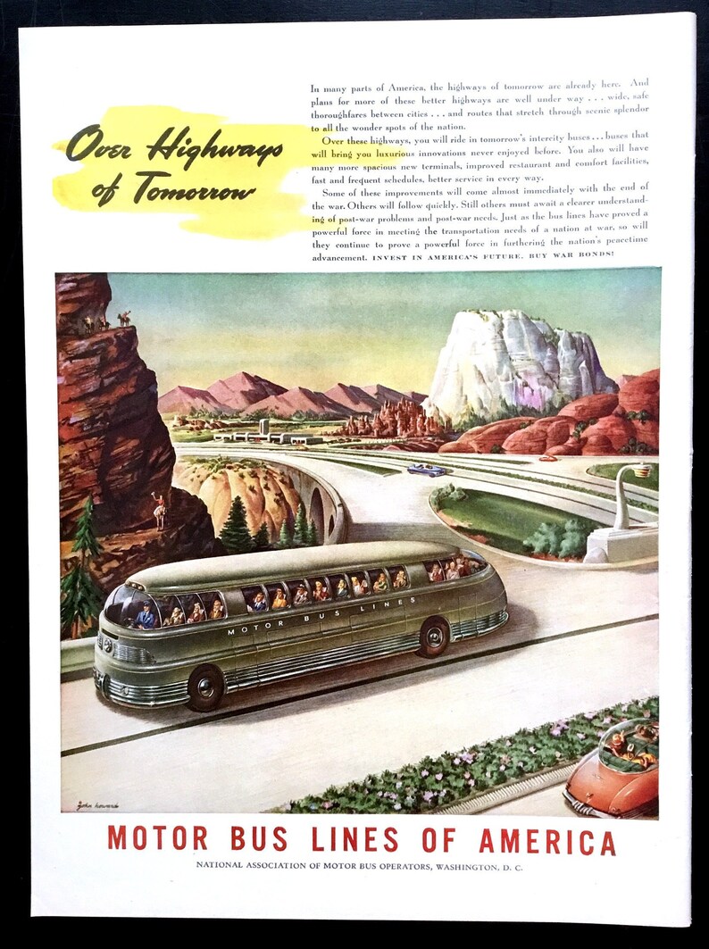 Illustrated vintage ad from 1953 showcasing Motor Bus Lines of America by John C Howard.