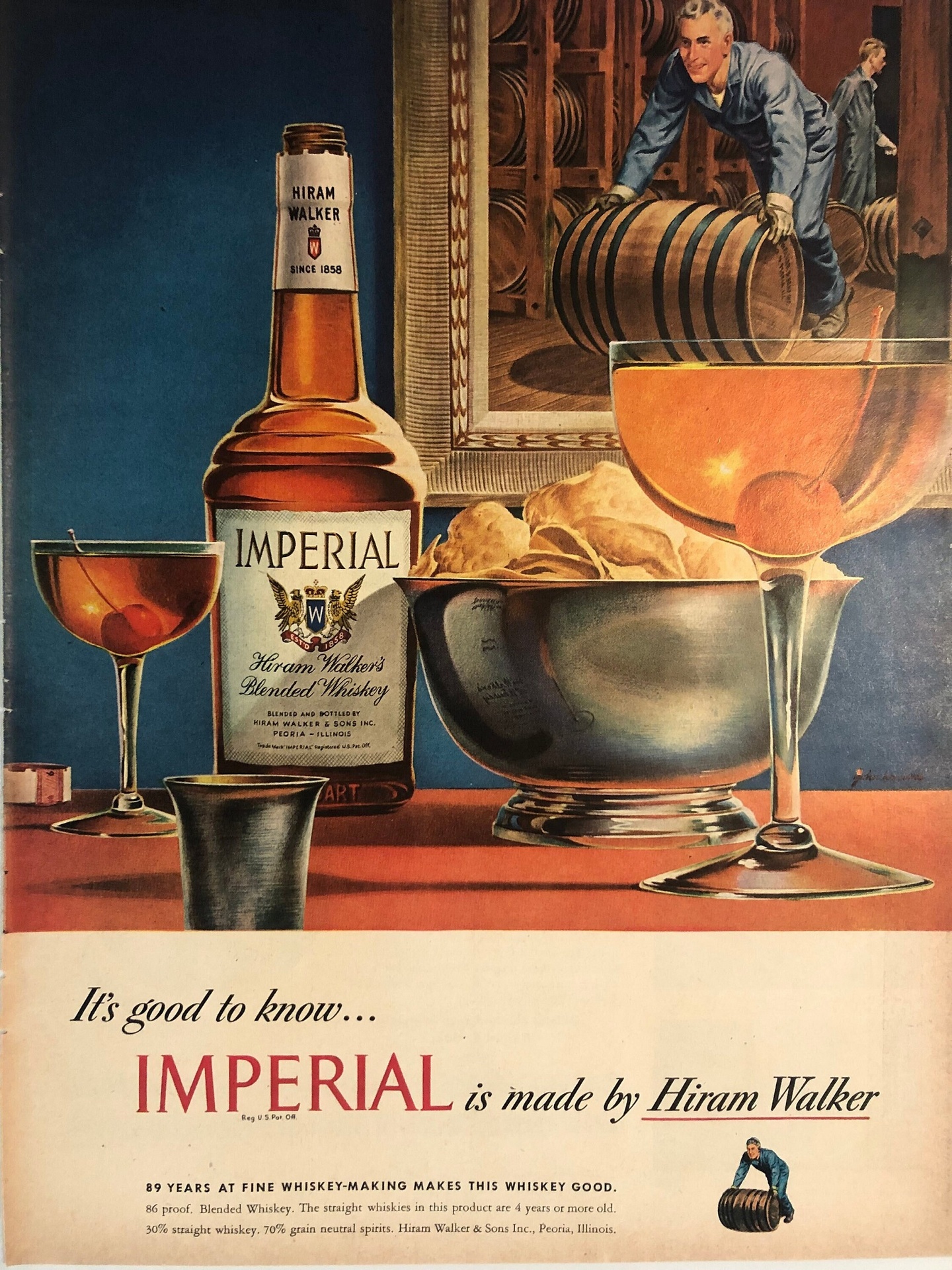 Vintage Imperial Whiskey ad: Glasses and a bottle depicted in an illustration by John C Howard.