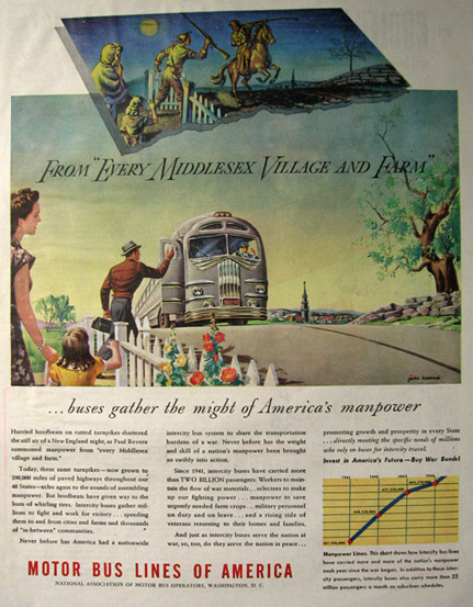 Illustrated vintage ad from 1949 showcasing Motor Bus Lines of America by John C Howard.