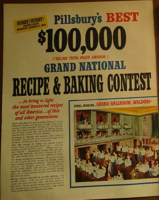 Illustrated vintage newspaper ad for $100,000 grand national recipe and baking contest by John C Howard.