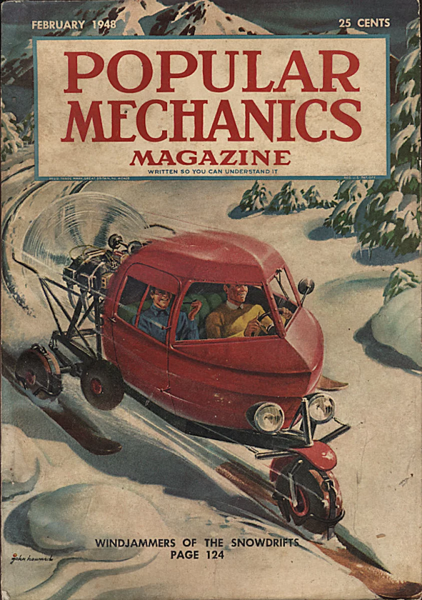 Popular Mechanics Magazine, Feb 1947. Vintage advertising illustrated by John C Howard. Featuring a Snow Tractor.