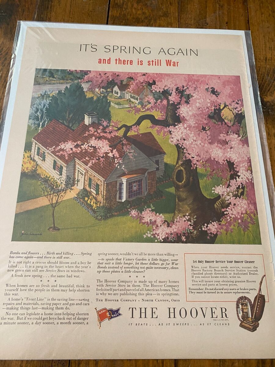 Vintage Hoover Company ad: Illustrated by John C Howard, showcasing a house and street in captivating detail.