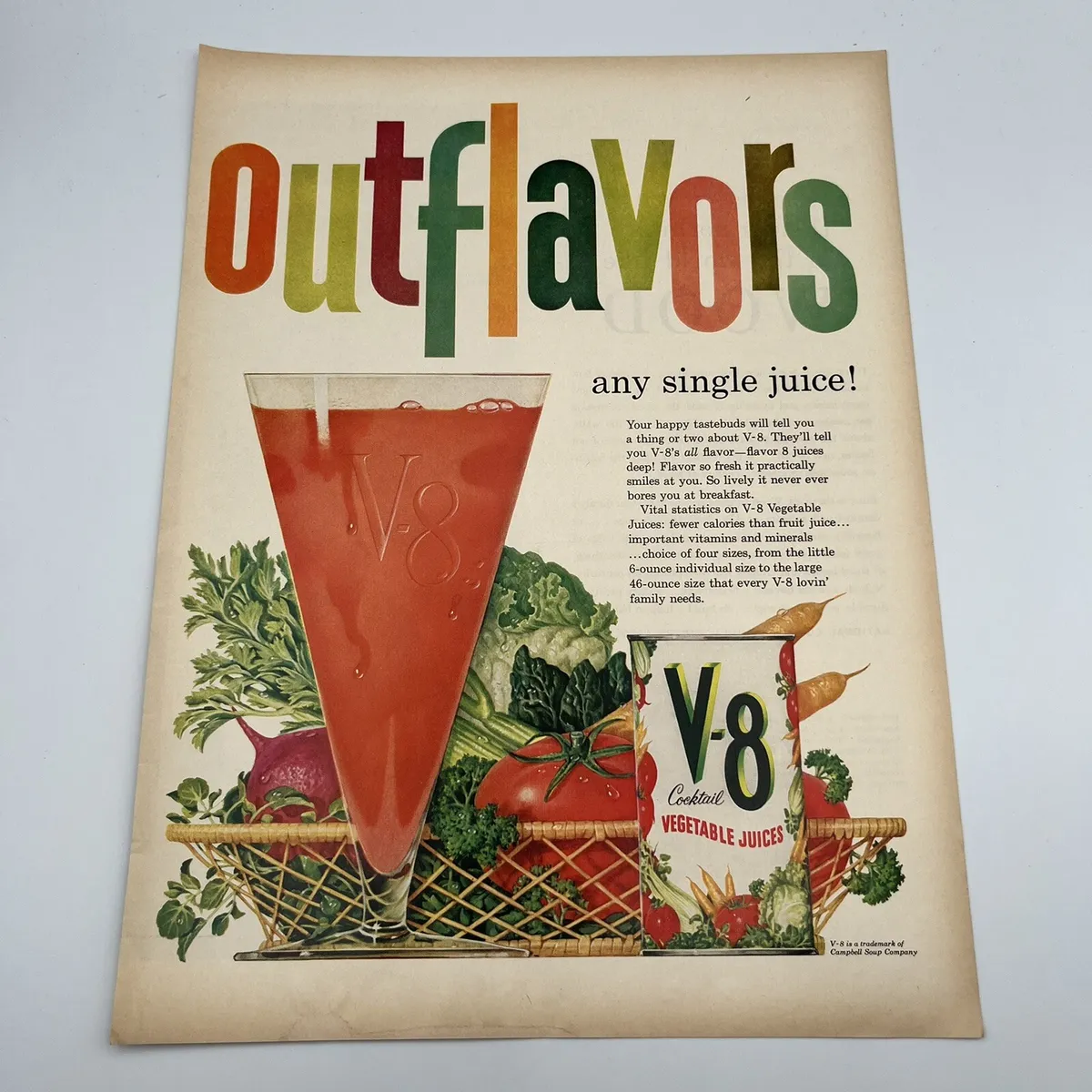 A vintage ad by John C Howard for V8 juice, surpassing all other juice drink ads in flavor, from 1958